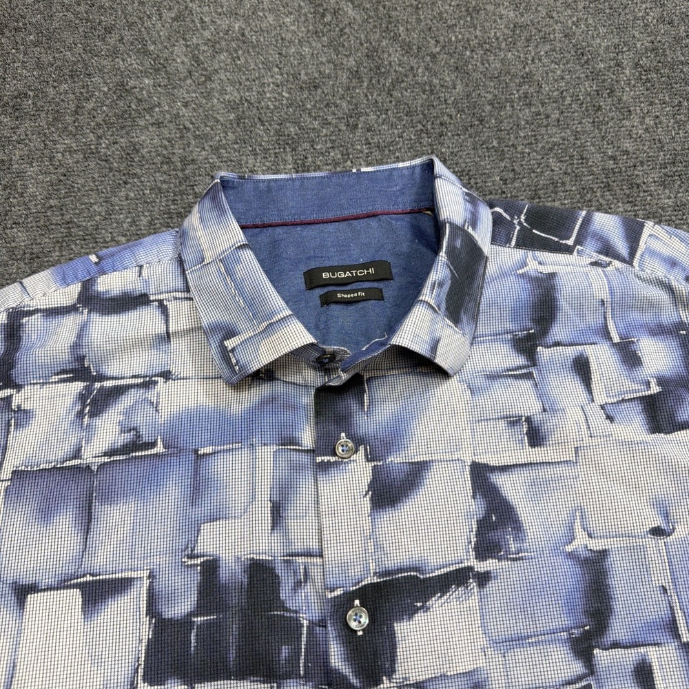 BUGATCHI Shirt Men XL Shaped Fit Blue Geo All Over Print Modern Long Sleeve